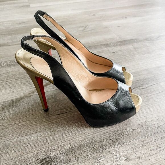 Christian Louboutin Black Gold Leather Slingback Peep Toe Pumps Size 39.5EU - Picture 10 of 13